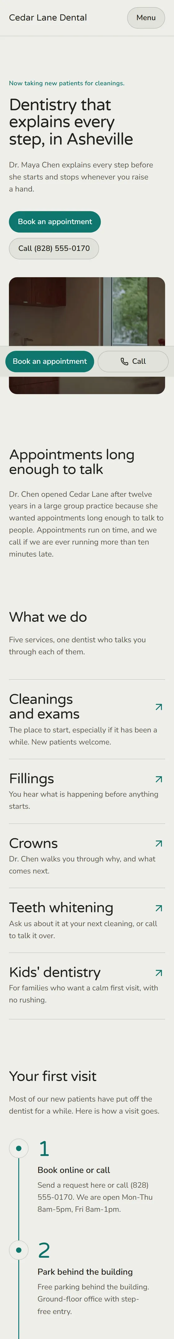 Cedar Lane Dental, a sample site we built, shown on a phone