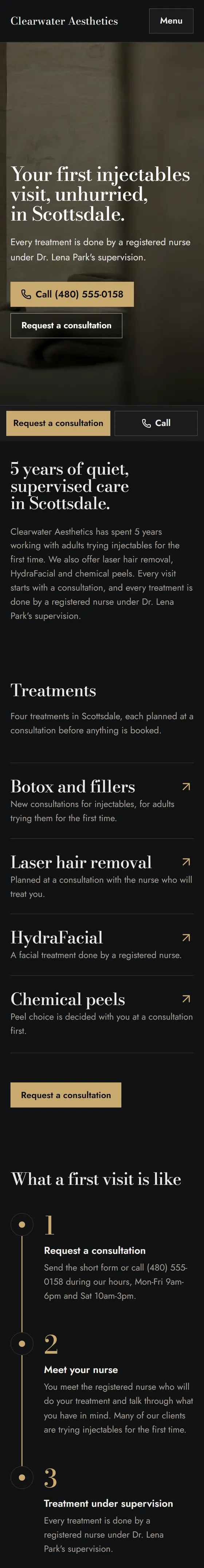 Clearwater Aesthetics, a sample site we built, shown on a phone
