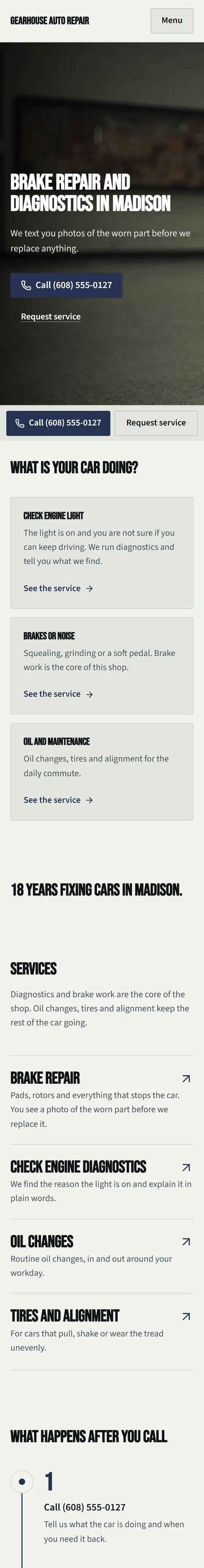 Gearhouse Auto Repair, a sample site we built, shown on a phone
