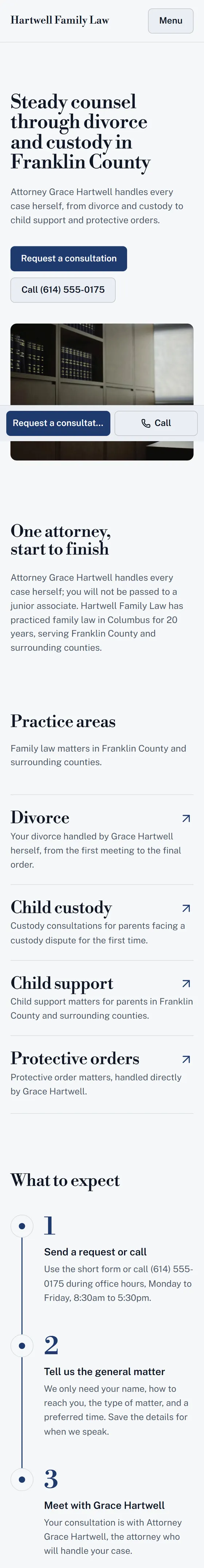 Hartwell Family Law, a sample site we built, shown on a phone