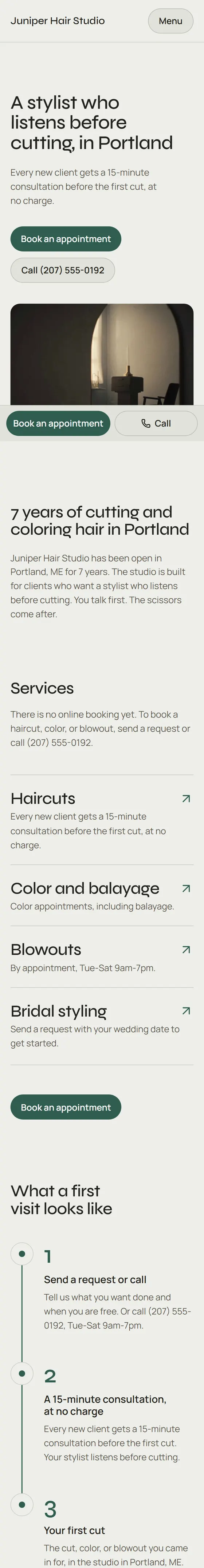 Juniper Hair Studio, a sample site we built, shown on a phone