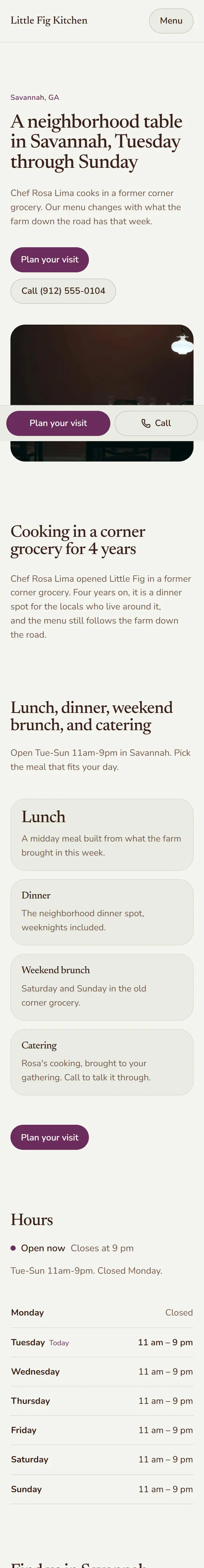 Little Fig Kitchen, a sample site we built, shown on a phone