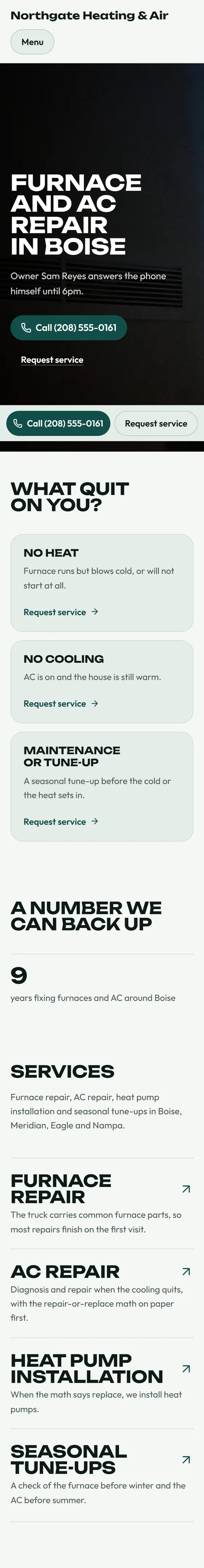 Northgate Heating & Air, a sample site we built, shown on a phone