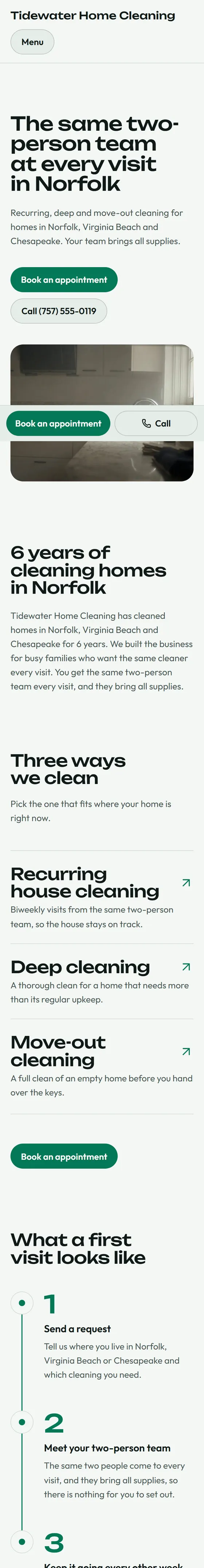 Tidewater Home Cleaning, a sample site we built, shown on a phone